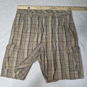 Wrangler Cargo Shorts Men's 38 Tan And Blue‎ Plaid Hiking Outdoor Utility